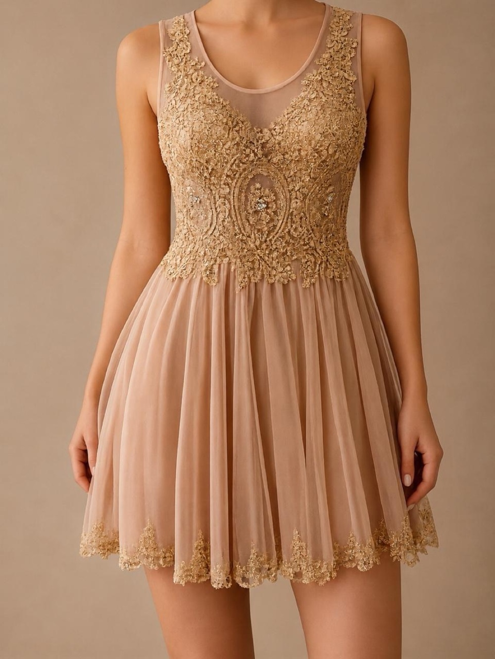 Formal elegant Gold Beaded Tulle Dress